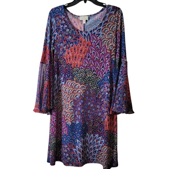Bohemian Style Bell Sleeve Tunic Dress With Multicolor Peacock Feather Print - Picture 16 of 16